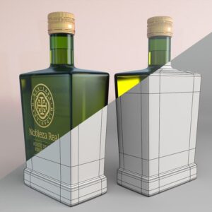 Modelado de botella y packaging de aceite de oliva en 3D para hacer un prototipo antes de la fabricación, ejemplo de etiquetas