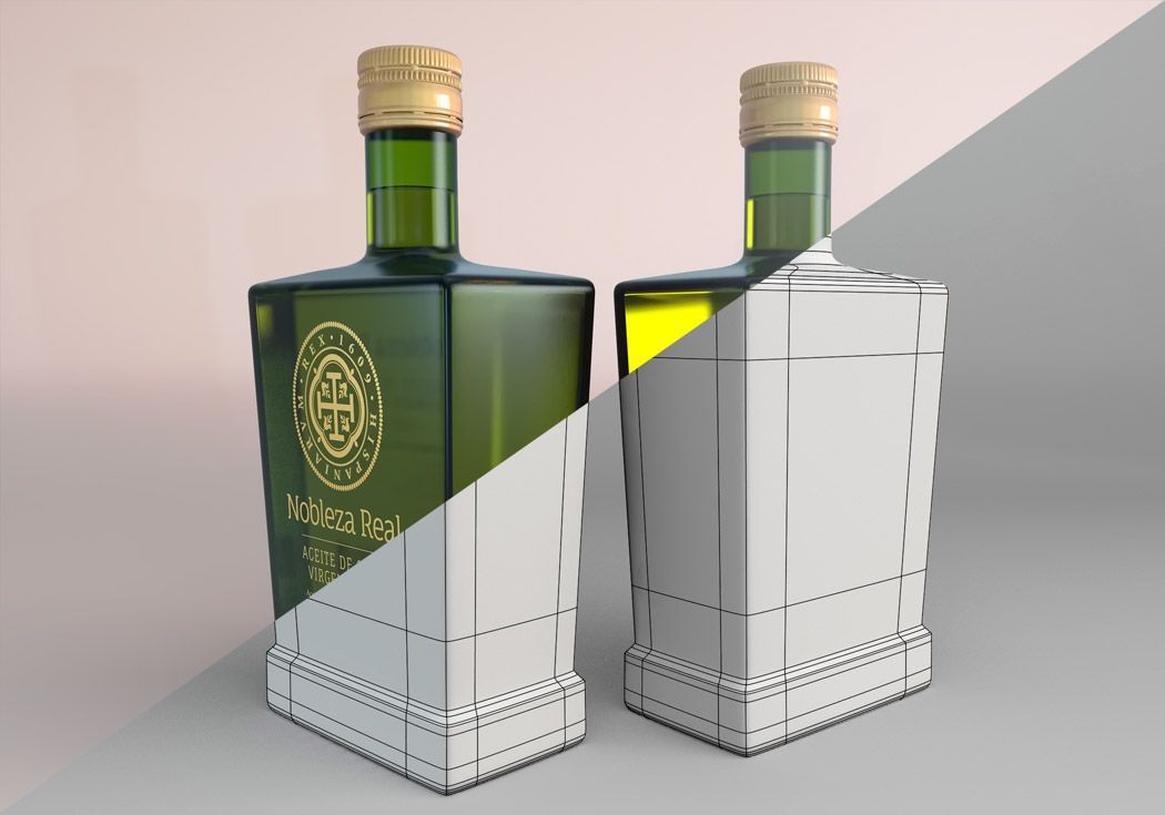 Modelado de botella y packaging de aceite de oliva en 3D para hacer un prototipo antes de la fabricación, ejemplo de etiquetas