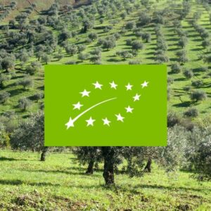 Olivar ecológico y logo UE