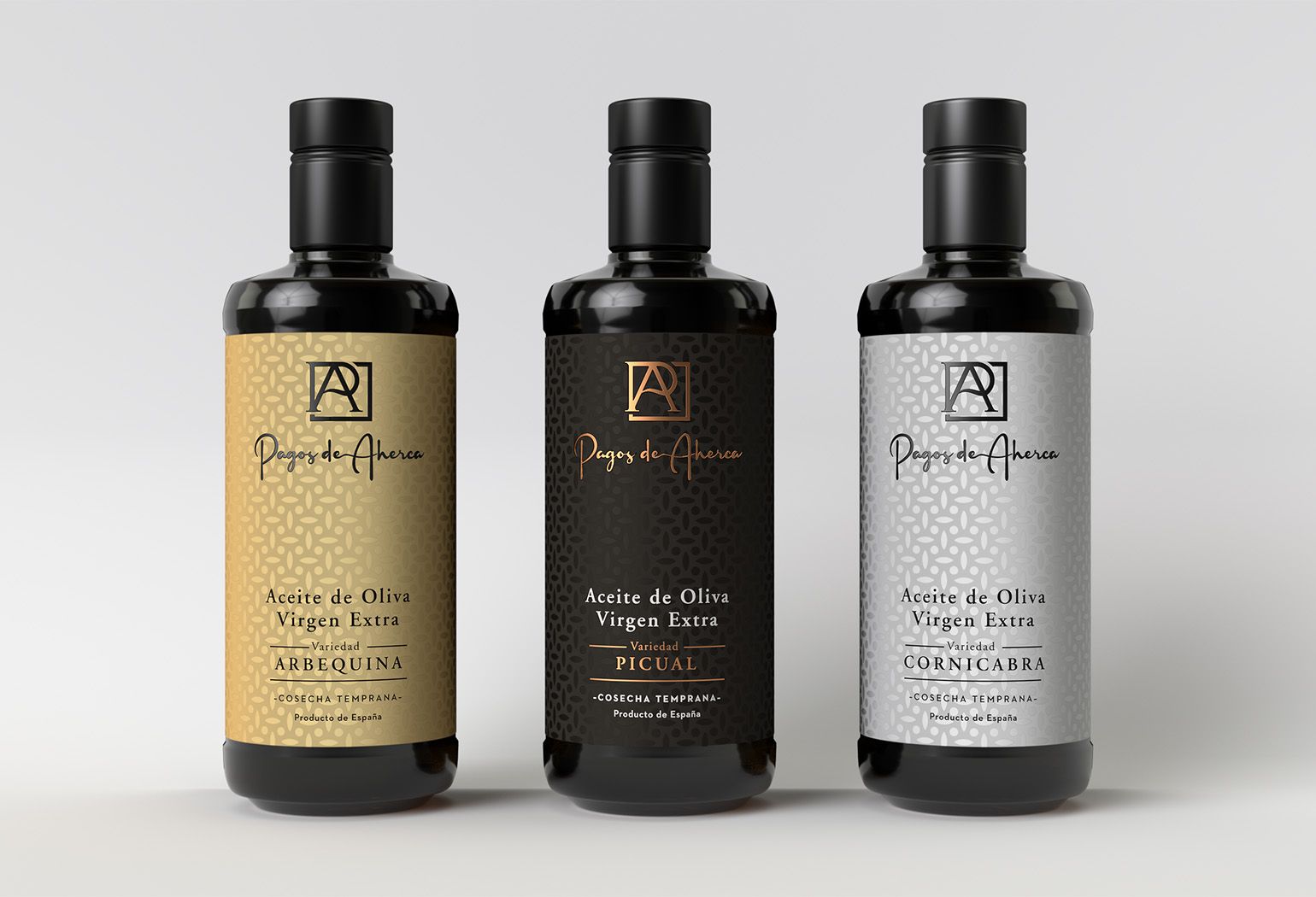 gama de 3 botellas de aceite de oliva de la marca Pagos de Aherca